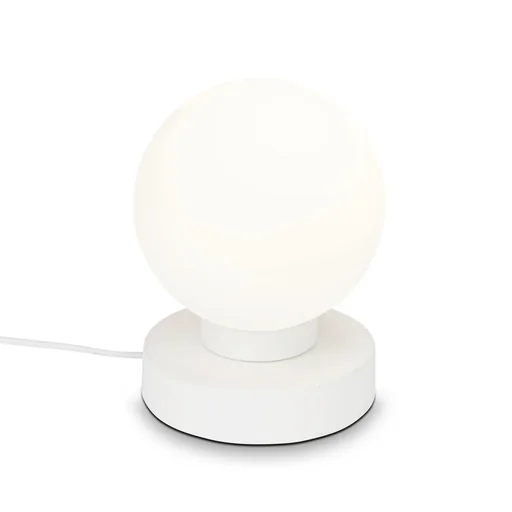 "PULU table lamp, white metal base, opal glass, cable switch, E14 socket image"
