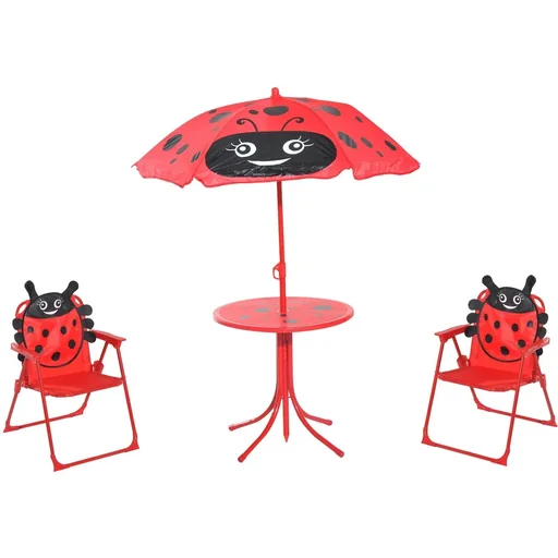 "3-piece children's seating group, seating set for children, children's furniture, 1 parasol + 1 table + 2 children's chairs, foldable, red image"