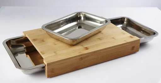"Jumbo Cutting Center - Bamboo cutting board with 3 stainless steel drip trays, 4 pieces image"