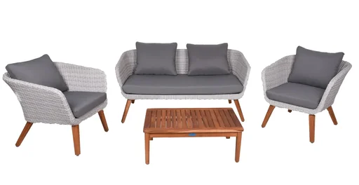 "ARONA seating group, 4-piece, aluminum / acacia FSC 100% / plastic mesh, gray image"