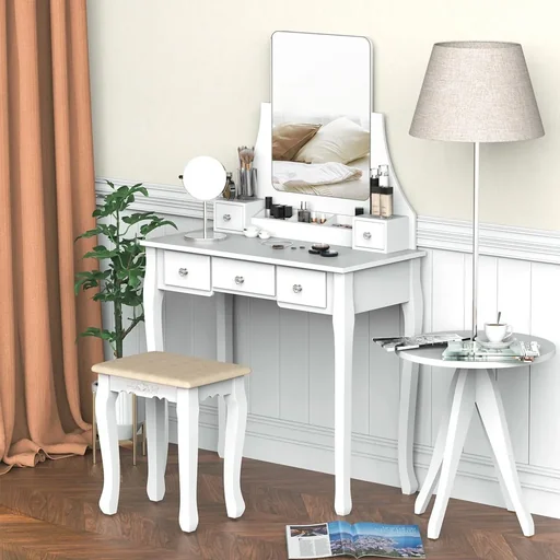 "Dressing table with mirror and 5 drawers, white image"