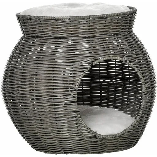 "Rattan cat basket, two-story cat bed, cat cave, cat tower with 2 pillows, reclining roof, dark gray, Ø50 x 43.5 cm image"
