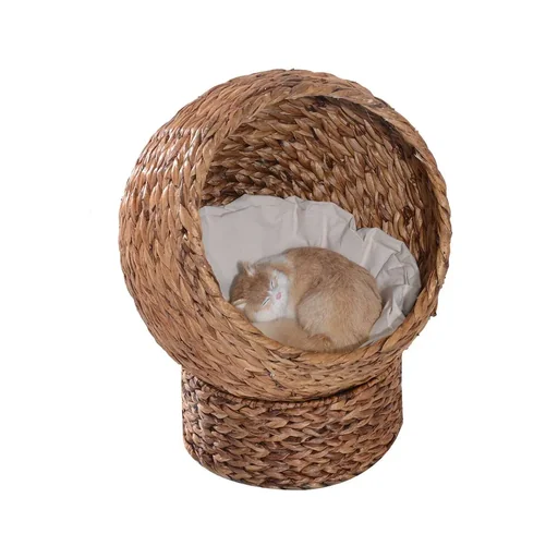 "Rattan cat basket, cat cave, cat hut, cat bed with cushion, pet bed, water hyacinth, light brown, 50 x 42 x 60 cm image"