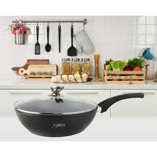 "Platinium frying pan / wok pan / pan - 24 cm - glass lid - induction - marble coating - scratch-resistant image"