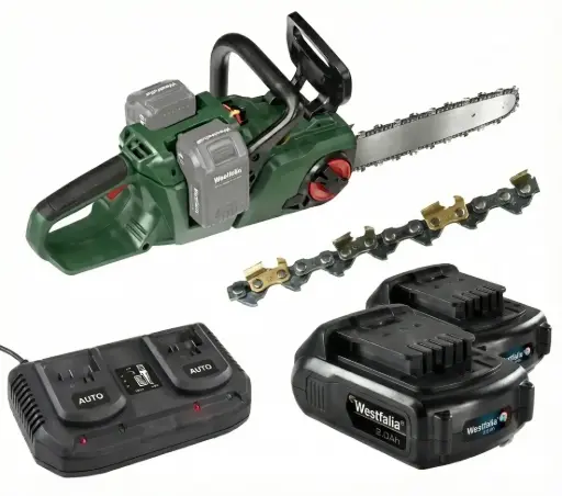 "Kit tronçonneuse sans fil "GMAK 36/40" + 2 batteries Li-Ion 18 V 2,0 Ah + double chargeur rapide + chaîne de tronçonneuse revêtue de titane 40 cm image"