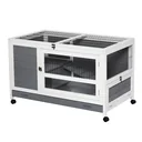Rabbit hutch with wheels, double-decker, solid wood, grey and white, 102 x 60 x 63.5 cm
