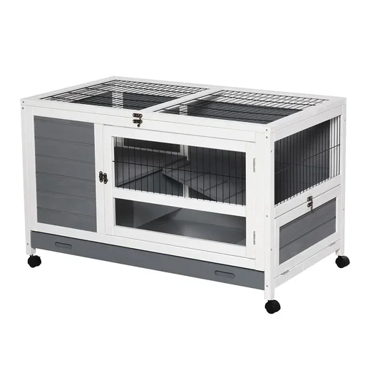 "Rabbit hutch with wheels, double-decker, solid wood, grey and white, 102 x 60 x 63.5 cm image"