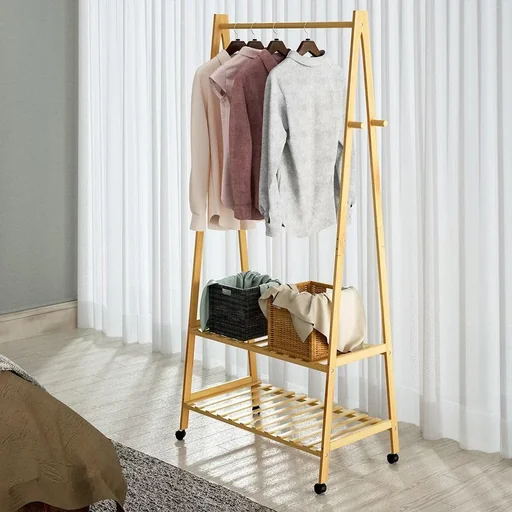 "Bamboo clothes rack with clothes rail + 2 shelves and 4 casters image"