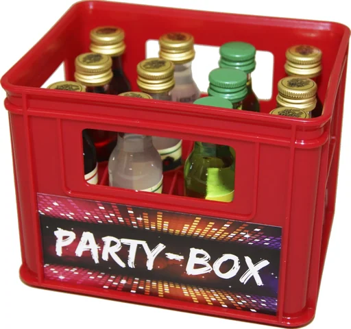 "Party box with 12 liqueur minis “Oans, zwoa, g-suffa!”, red image"