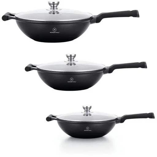 "Herenthal 3-piece pan set - wok pans - 28cm, 30cm, 32cm - marble coating - with lid image"