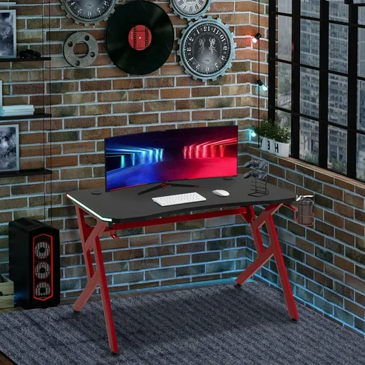"Gaming Table RGB Lights Desk R-shaped 4 Adjustable Footrests Computer Table Work Table Chipboard Metal image"