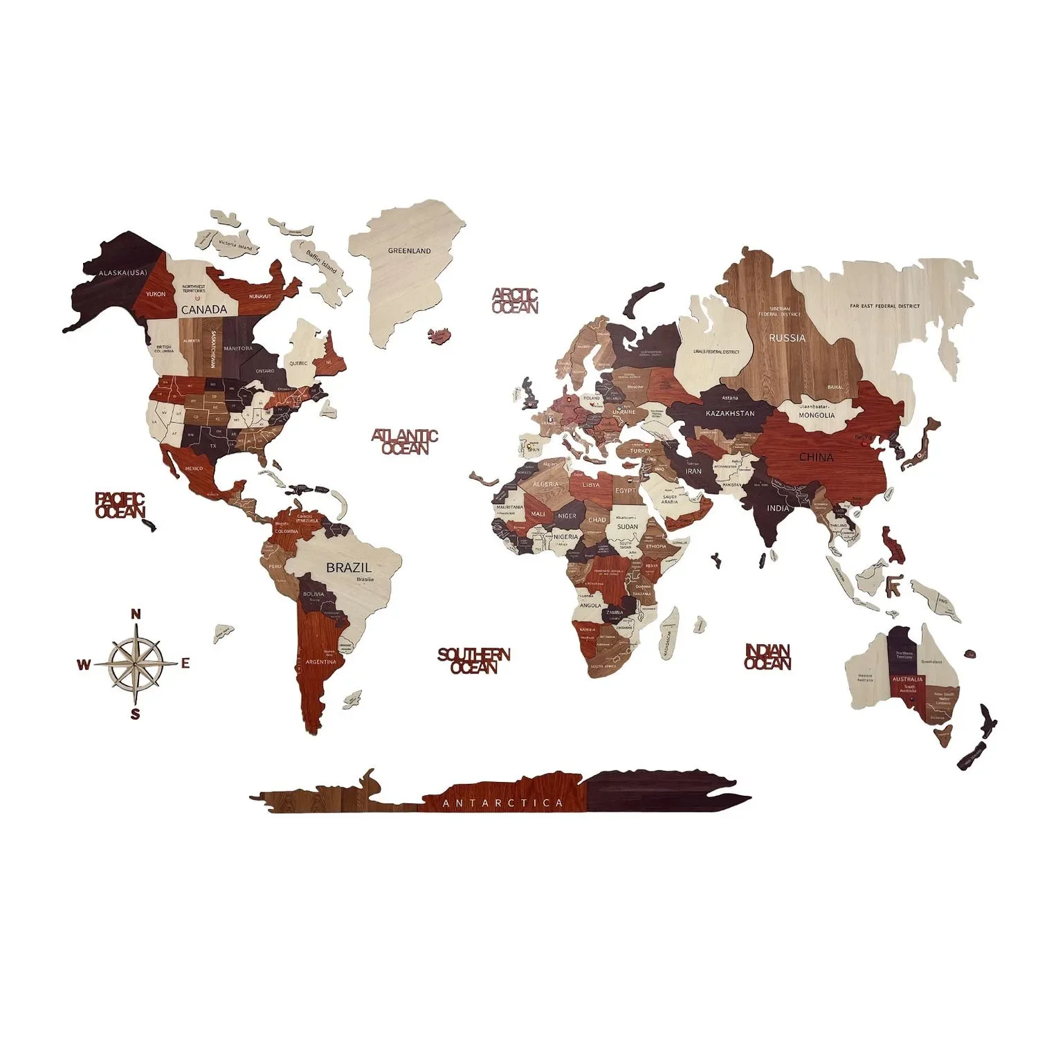 Carte du monde en bois, Green Split – 3D décoration murale, Taille de la carte du monde: L