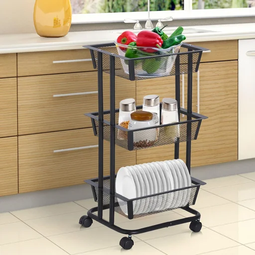 "All-purpose trolley, all-purpose shelf with wheels, kitchen trolley, kitchen shelf, metal shelf, trolley with 3 baskets, carbon steel, black image"