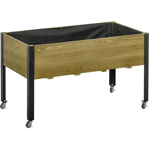 "Raised bed with wheels, planting table, flower box with drainage, solid wood, nonwoven fabric, light brown, 120 x 60.5 x 66 cm image"