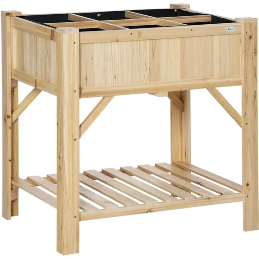 "Raised bed wood with 6 separate growing areas planting table flower box nonwoven fabric natural 78.5 x 58 x 81 cm image"