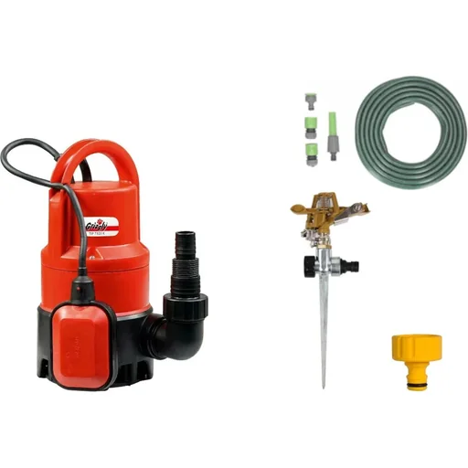 "Dirty water submersible pump set including 15 meter garden hose, garden sprinkler with connections, lawn sprinkler and tap image"