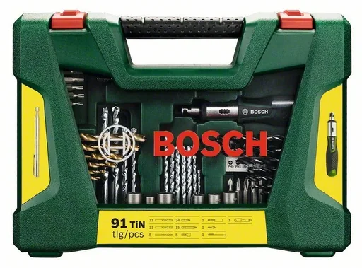 "V-Line TiN drill and bit set with ratchet screwdriver and magnetic bar, 91 pieces image"