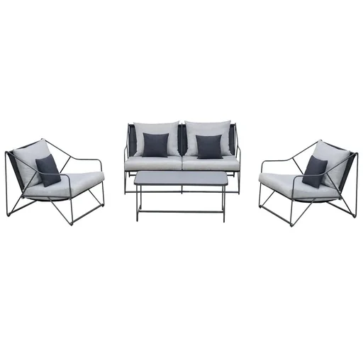 "4-piece garden set, garden furniture set, garden lounger, garden set, seating group with coffee table, sofa with cushions, outdoor metal, gray image"