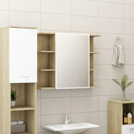 "Bathroom mirror cabinet 80x20.5x64 cm chipboard white Sonoma oak image"
