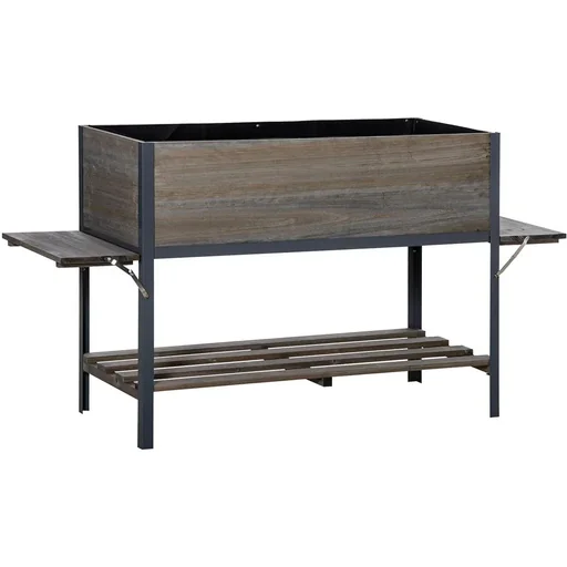 "Raised bed planter with 2 foldable shelves lower shelf flower box flowerpot herb bed solid wood light grey image"