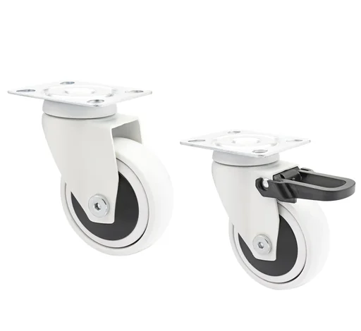 "Design 3C swivel castors 4-piece set - Ø 75 mm, soft, white, 2 castors with & 2 without brakes, load capacity 75 kg / castor image"