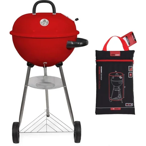 "BBQ charcoal grill on wheels - 47x76 cm - stainless steel - red including protective cover image"