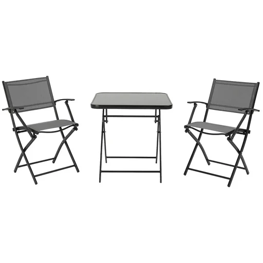 "Folding seating group 3-piece balcony set balcony furniture 1 table + 2 chairs garden furniture set seating set metal mesh black + gray image"