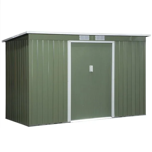 "Tool shed, garden house, tool shed with sliding door, ventilation window, pent roof, outdoor, steel, light green, 277 x 130 x image"