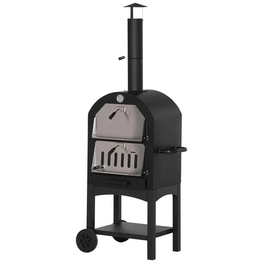 "2-in-1 outdoor pizza oven with wheels, 3-tier wood-fired oven for BBQ, steel, black and silver, 63 x 54 x 161 cm image"