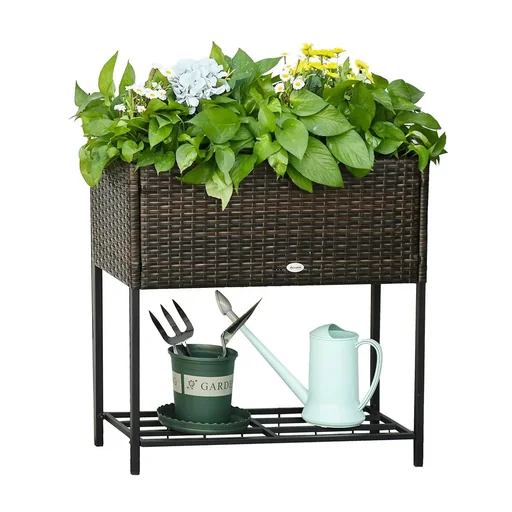 "Poly rattan raised bed flower box with feet flowerpot with shelf brown 70 x 30 x 72 cm image"
