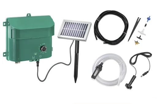 "Solar irrigation set with battery, panel, pump, hose, nozzles, etc. image"